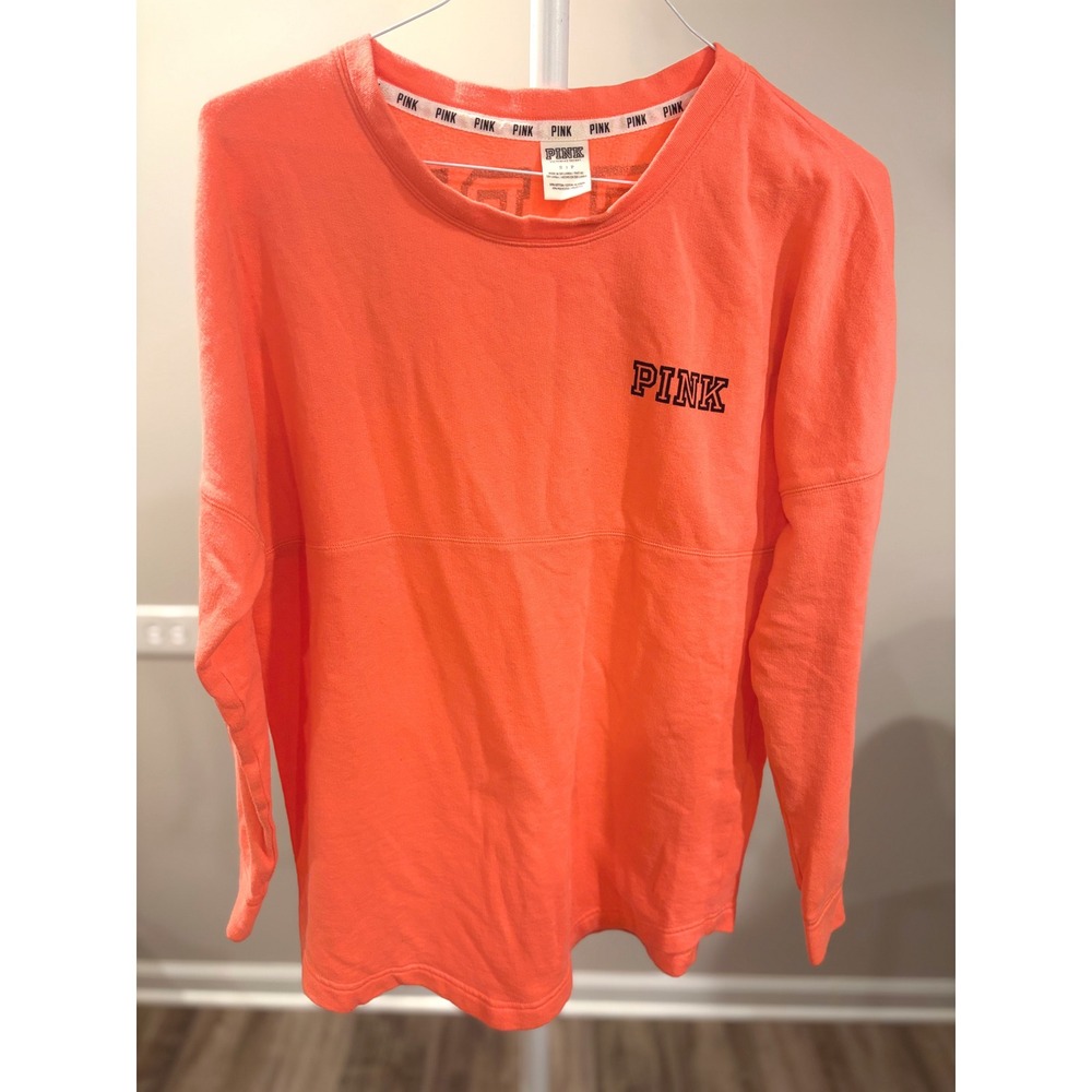 PINK Victoria's Secret Spirit Neon Coral Love Pink Y2K Varsity Long Sleeve Tee